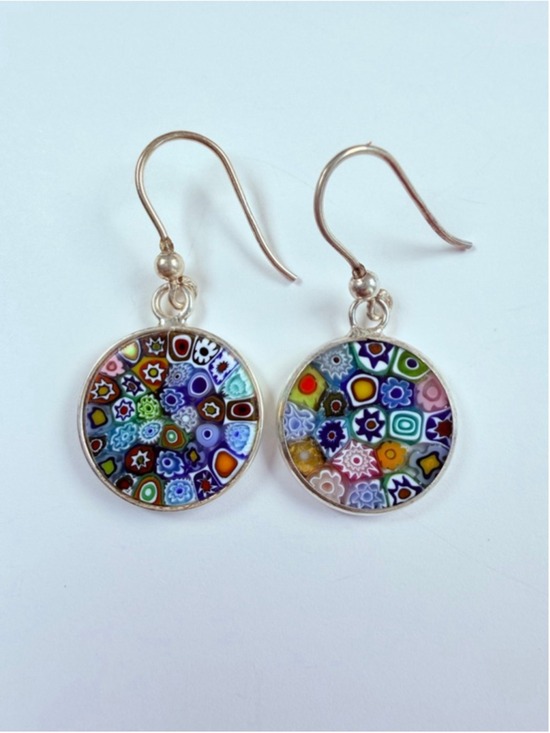 Unbranded Jewelry - Venetian Murano Glass Millefiori 925 Sterling Silver Dangle Disc Earrings Italy